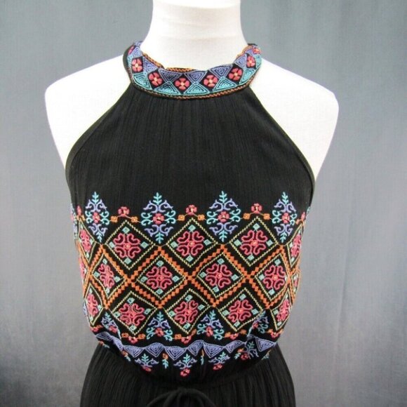 Savanna Jane Black Embroidered Halter Mini Dress Open Back Womens Size M Boho - Picture 2 of 11